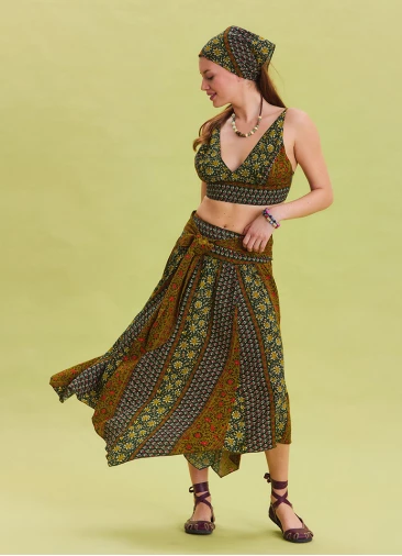 Green Patterned Asymmetrical Skirt with Gipe Detail and Tied Waist 4503